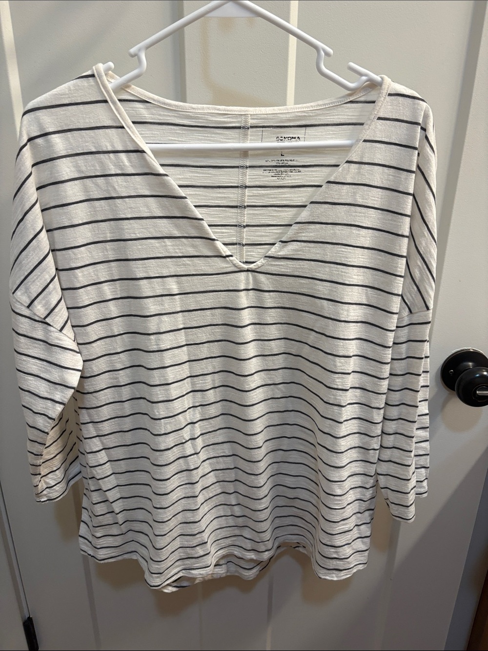 Striped V-Neck Women's Top - White & Gray